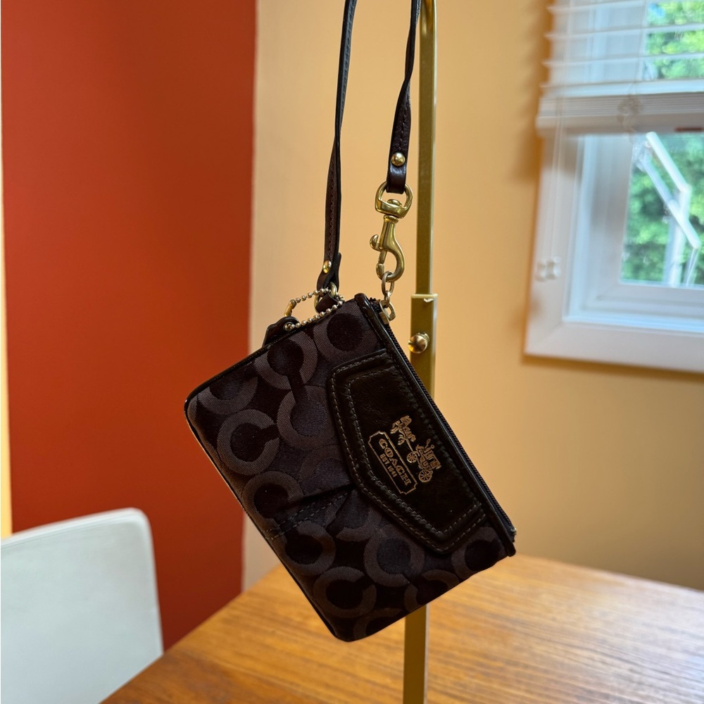 Coach Signature C Brown Wristlet with Purple Satin Lining